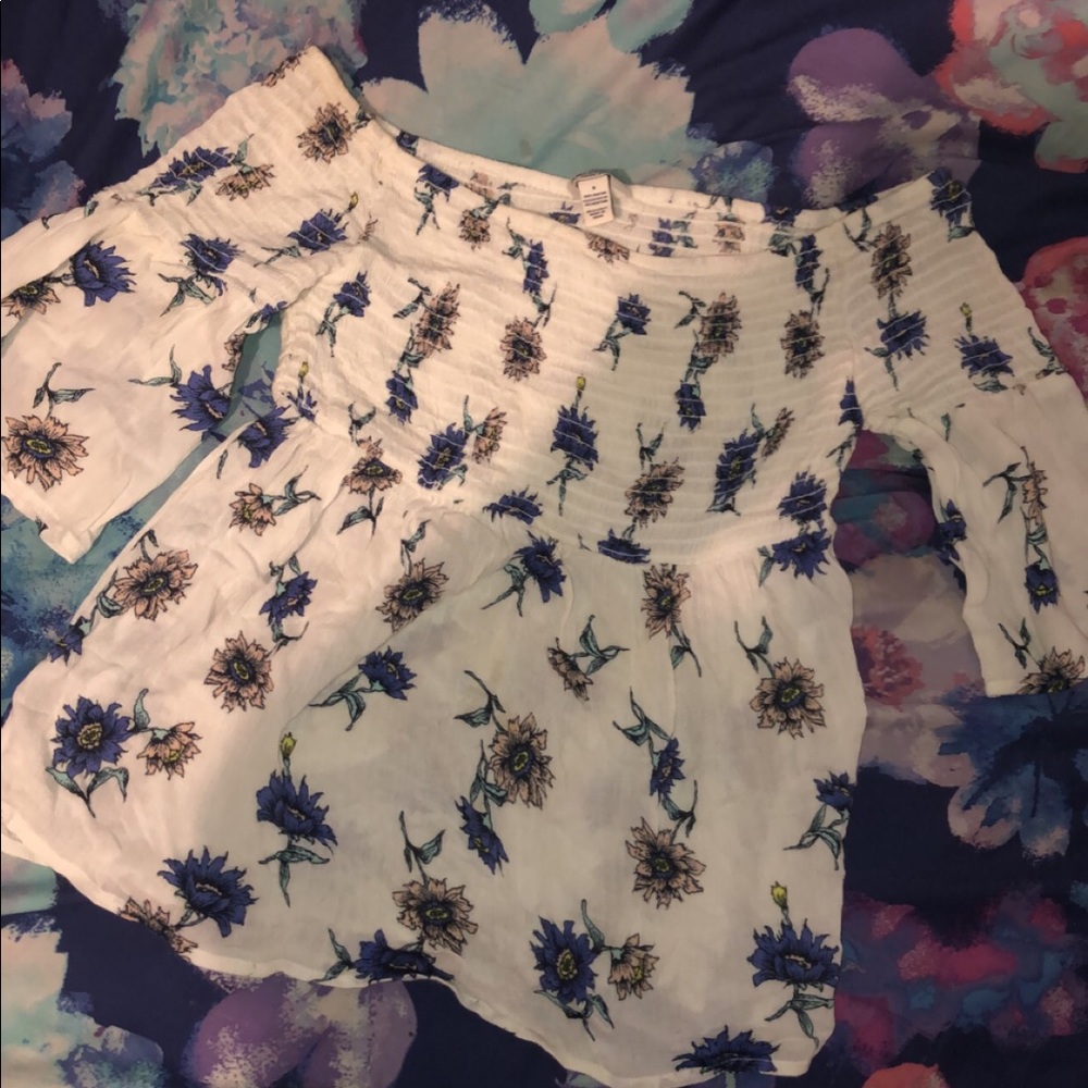Off the shoulder, white floral shirt
